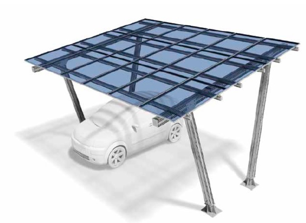 Ilustração de uma instalação de um sistema fotovoltaico em um estacionamento